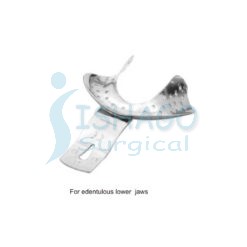 Solid total denture stainless steel impression tray with rim.