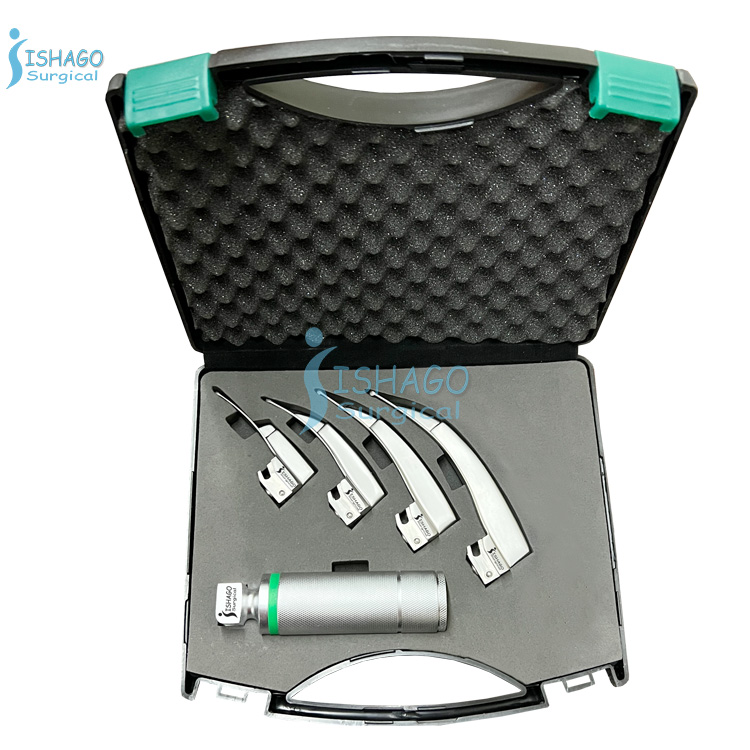 ISHAGO Surgical High Quality Adult Fiber Optic Integrated Laryngoscope Set Mega Light 0 1 2 3 with Stubby Handle (Art # 30-66)